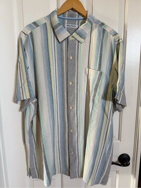 Tommy Bahama Short-Sleeve Striped Button-Up Shirt in Blue, Gray, White & Green